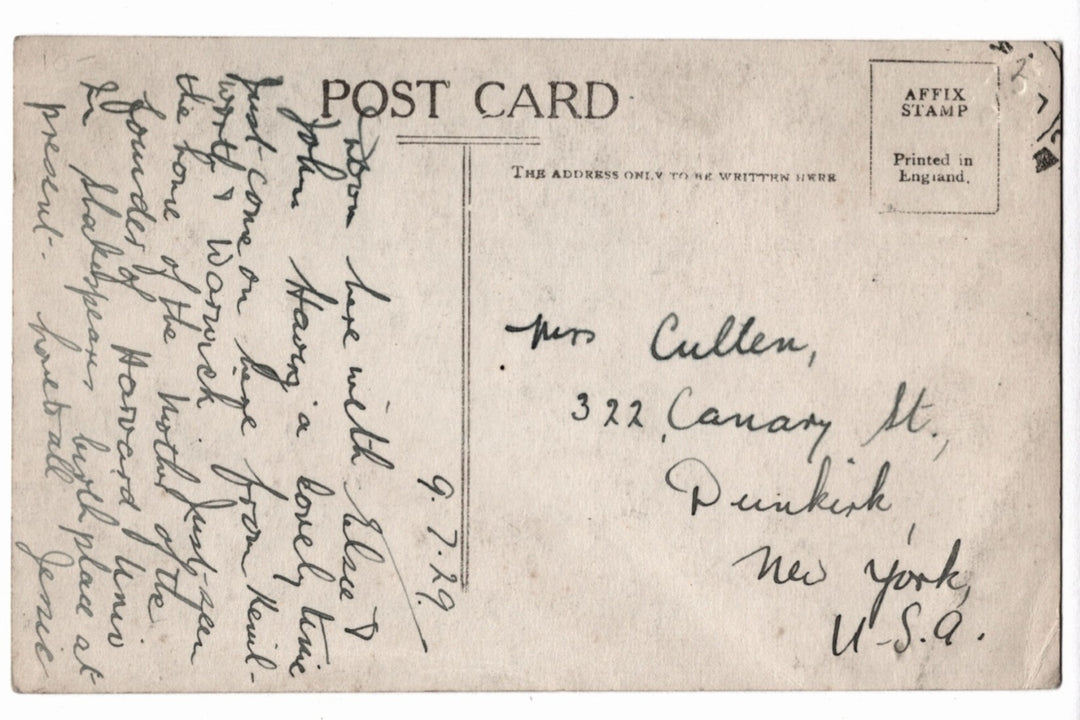 Vintage postcard with handwritten text and a stamp, addressed to New York, U.S.A.