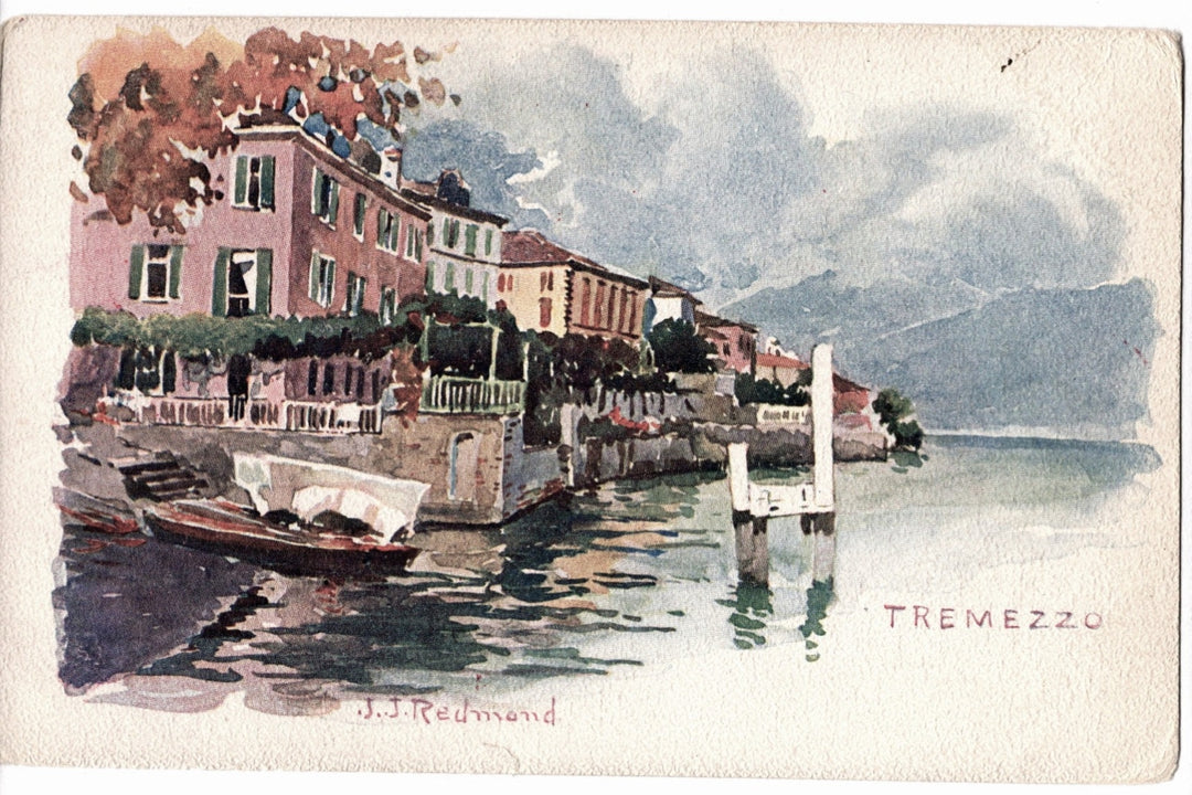 1900s Tremezzo Lake Como Italy J.J. Redmond Art Watercolor Vintage Postcard UDB.