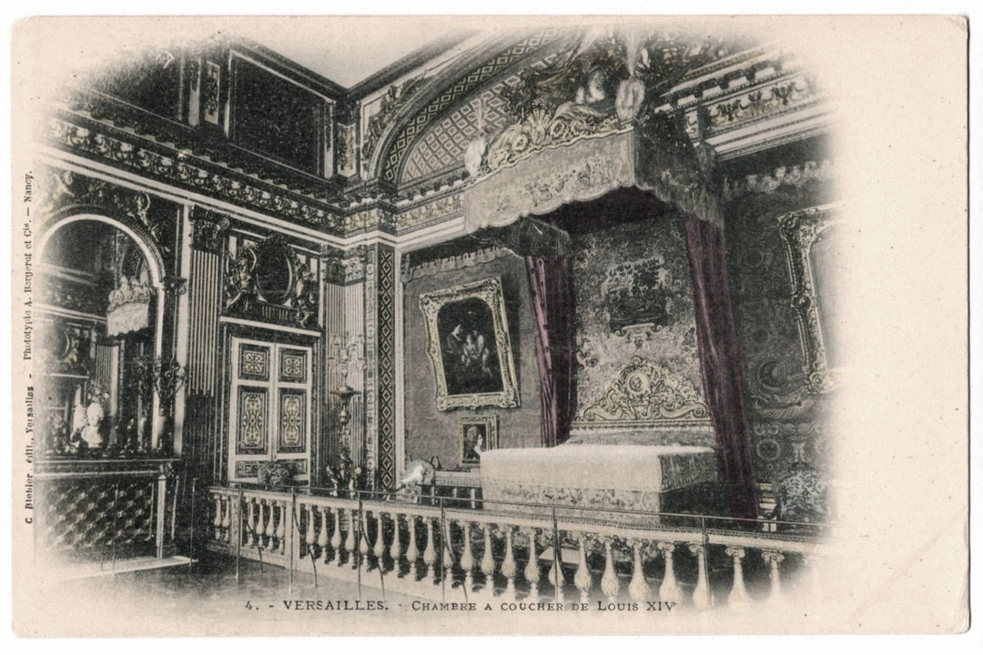 Decorative interior of a room with ornate walls and furniture, likely from Versailles. 1900s Versailles France King's Chamber Vintage Postcard UDB.