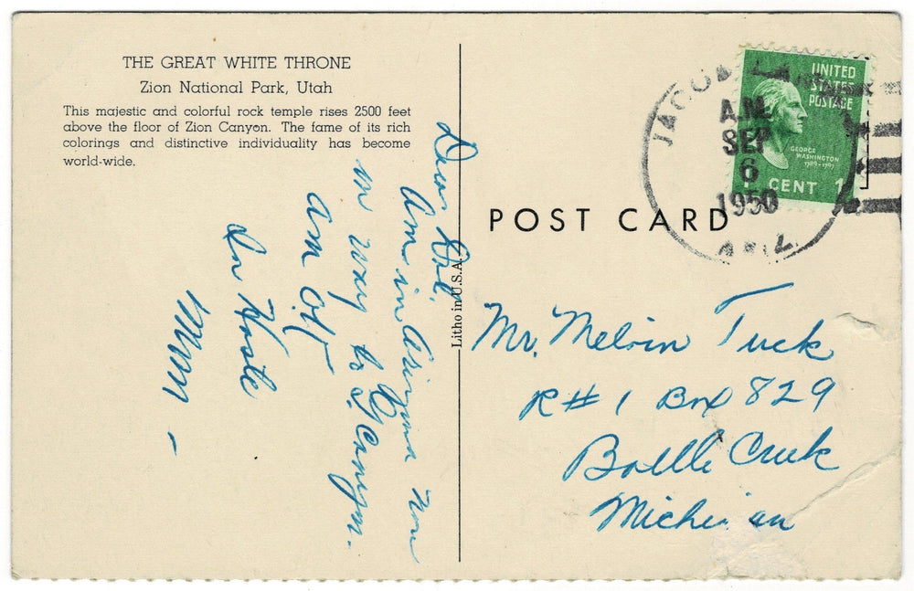  1940s Great White Throne Zion National Park Utah Vintage Postcard, back.