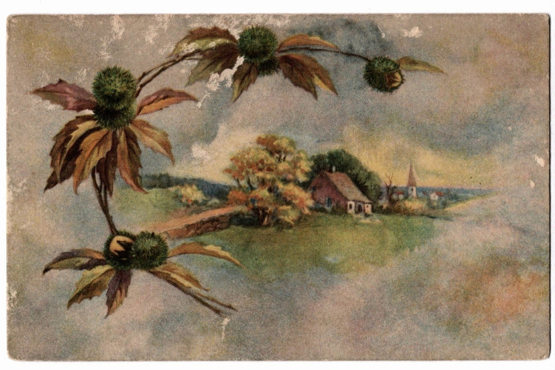 Vintage illustration of a rural landscape with flowers in the foreground, Branch of Chestnuts Vintage Flora Postcard.