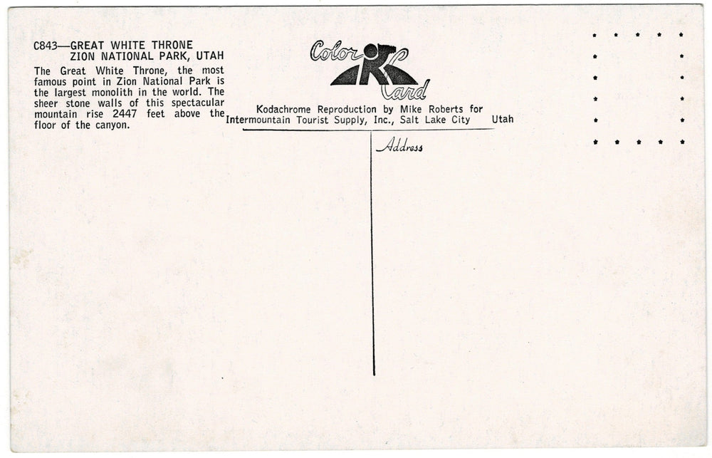 1950s Great White Throne Utah Vintage Postcard, back.