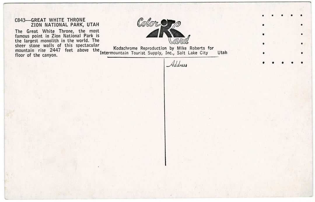 1950s Great White Throne Utah Vintage Postcard, back.