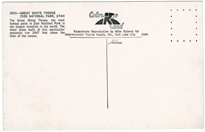 1950s Great White Throne Utah Vintage Postcard, back.
