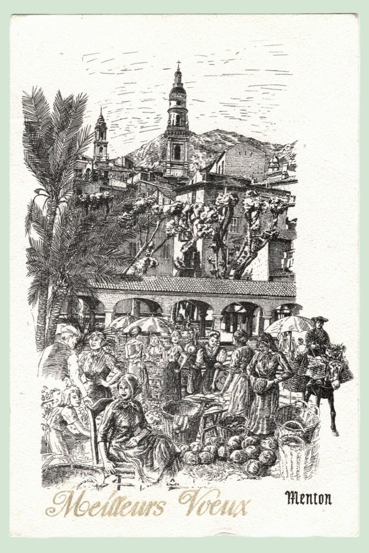 1900 Menton Market Scene "Best Wishes" Trade Card Carte Publicitaire