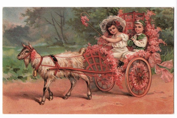  1970s Victorian Revival Children in a Decorated Goat Cart Vintage Postcard.