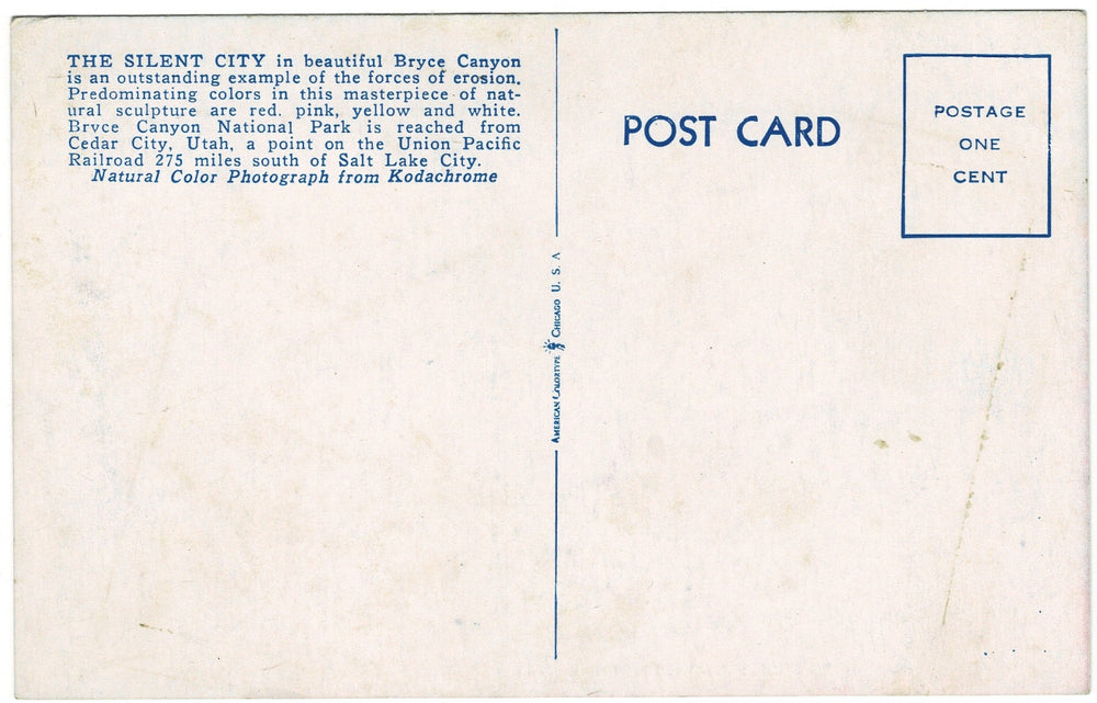 Silent City Bryce Canyon Utah Vintage Postcard, back.