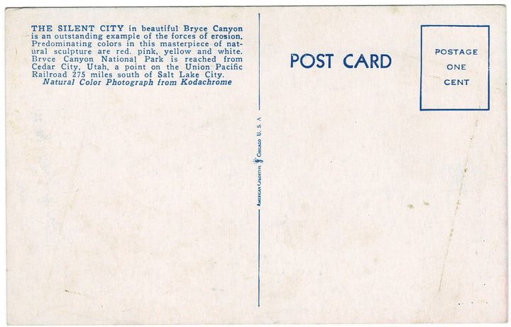 Silent City Bryce Canyon Utah Vintage Postcard, back.