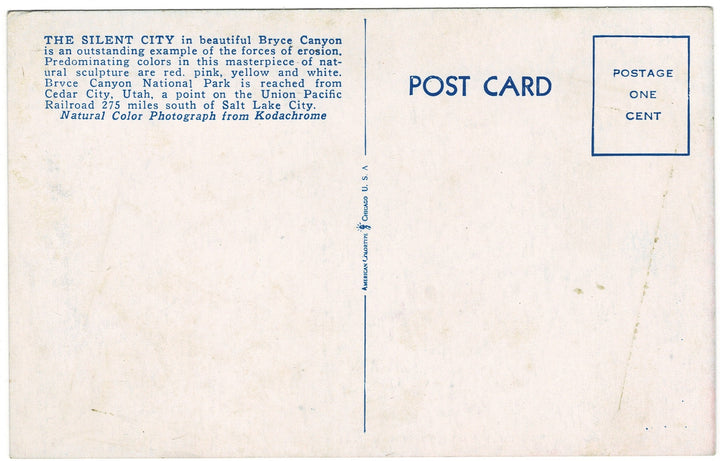 1940 Silent City Bryce Canyon Utah Vintage Postcard.