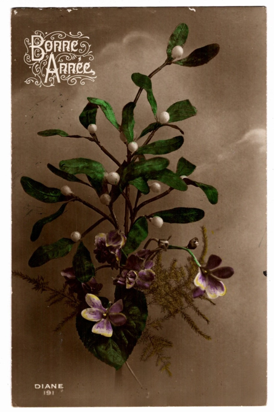 1900s Mistletoe and Violets French New Year Vintage Postcard.