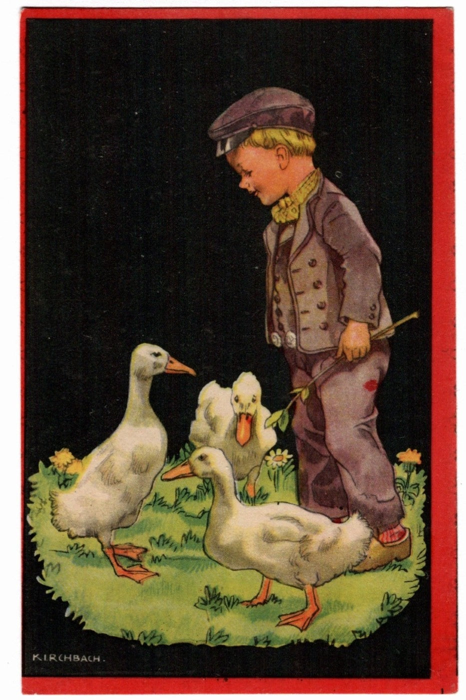 Boy Herding Geese by Johann Frank Kirchbach Vintage Postcard.