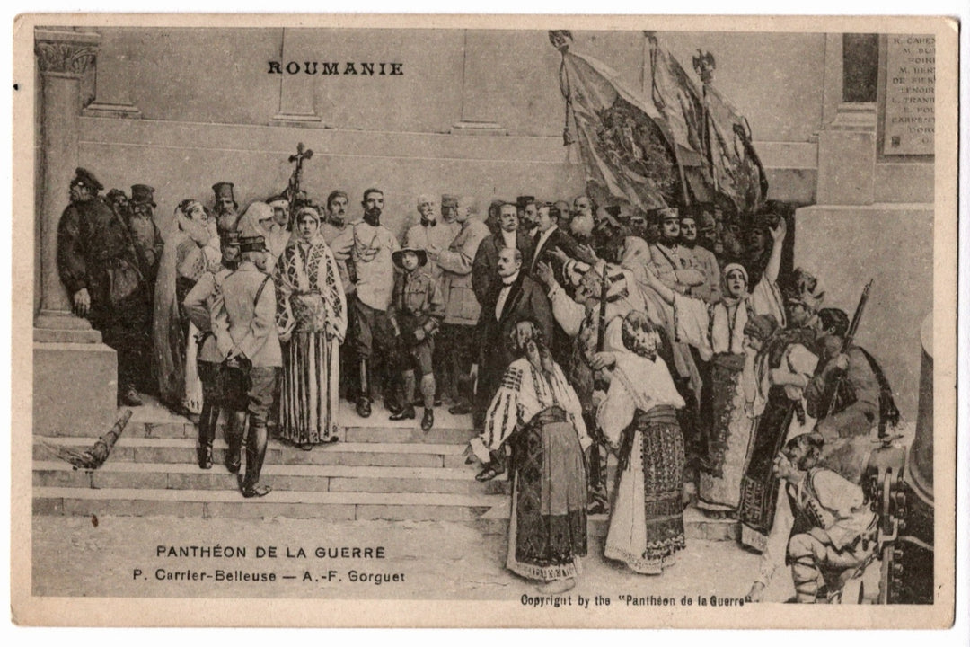 1918 WWI Romania Soldiers and Citizens Art Scene Vintage Postcard.