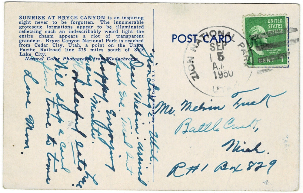 Sunrise At Bryce Canyon Utah Vintage Postcard, back.