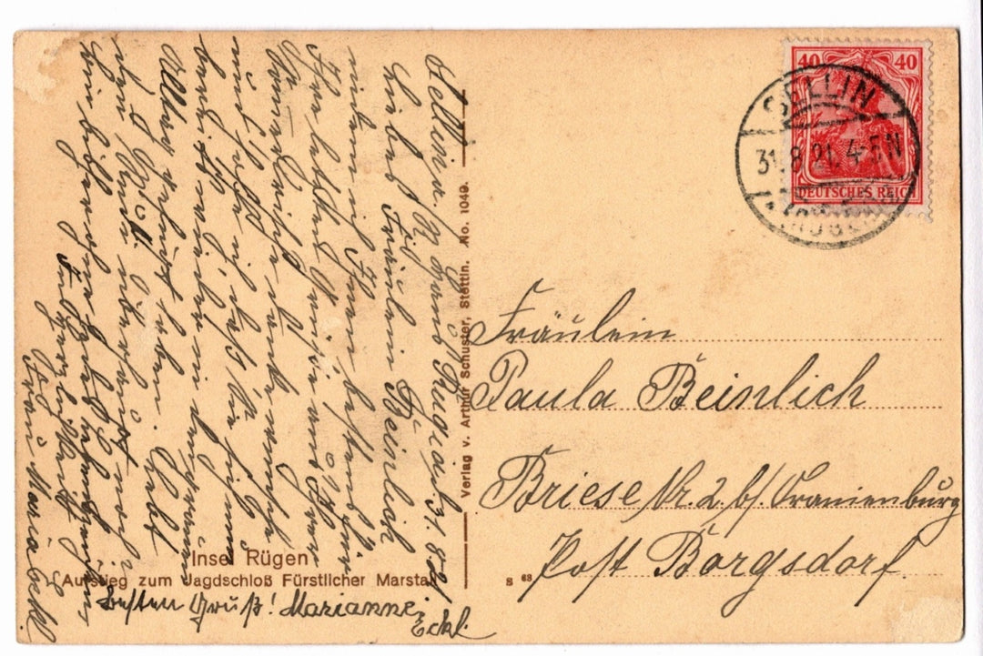 Vintage postcard with text and red 40-pfennig Germania stamp, German Kurrent Script.