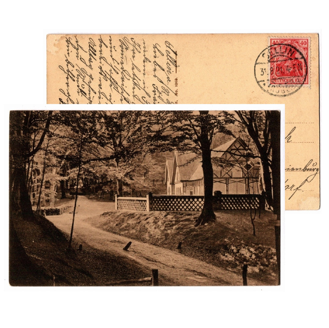 Vintage postcard with sepia-toned photograph of a church and path, featuring a view of back as well. 1904 Rugen Island Germany Forest Path Vintage Postcard.