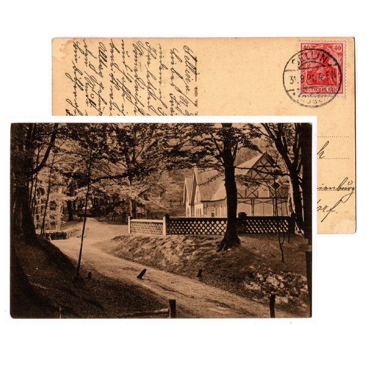 Vintage postcard with sepia-toned photograph of a church and path, featuring a view of back as well. 1904 Rugen Island Germany Forest Path Vintage Postcard.