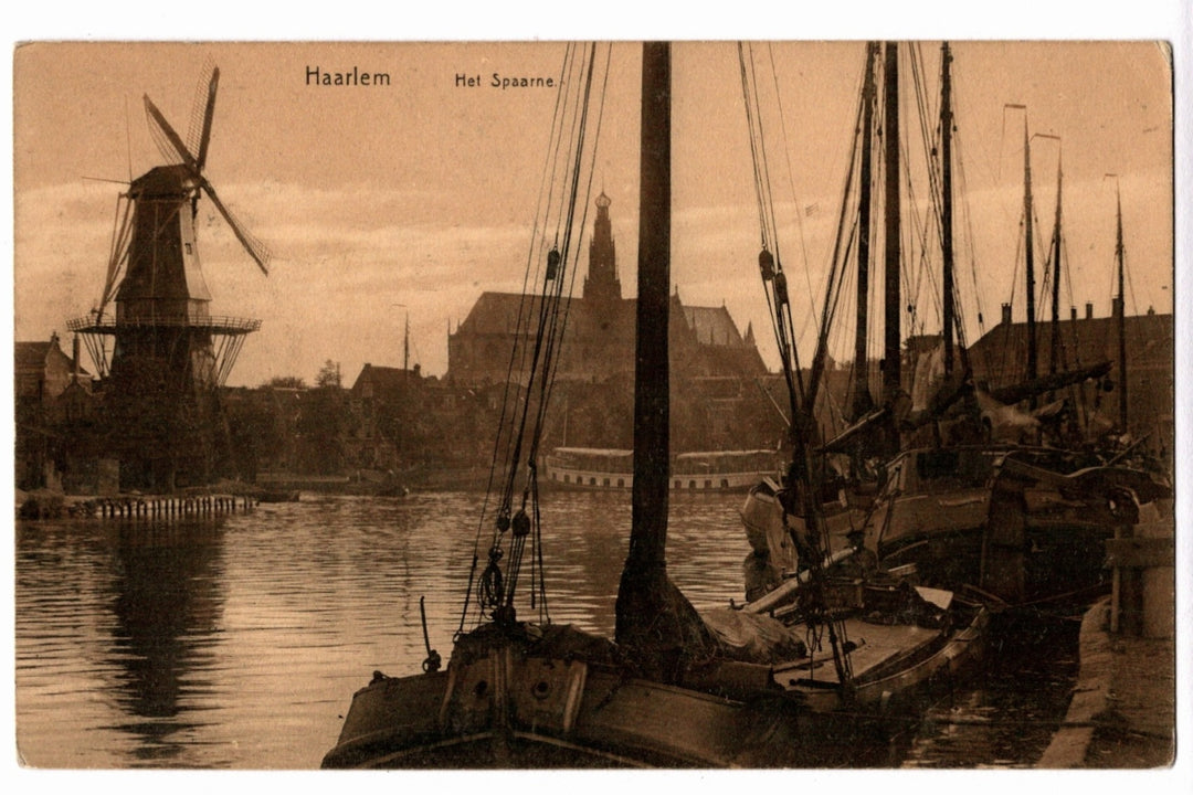 1900s Haarlem Windmill and River Boats Netherlands Vintage Postcard, sepia.