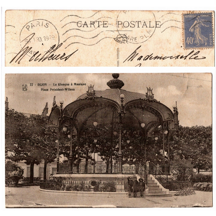  1918 Bandstand at Place President Wilson Dijon France Vintage Postcard front and part of back views.