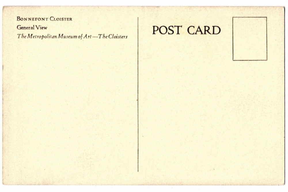 Back of a postcard with text about Bonnefont Cloister and The Metropolitan Museum of Art-The Cloisters.
