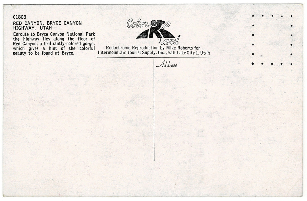 Red Canyon Highway Bryce Canyon Utah Vintage Postcard, back.