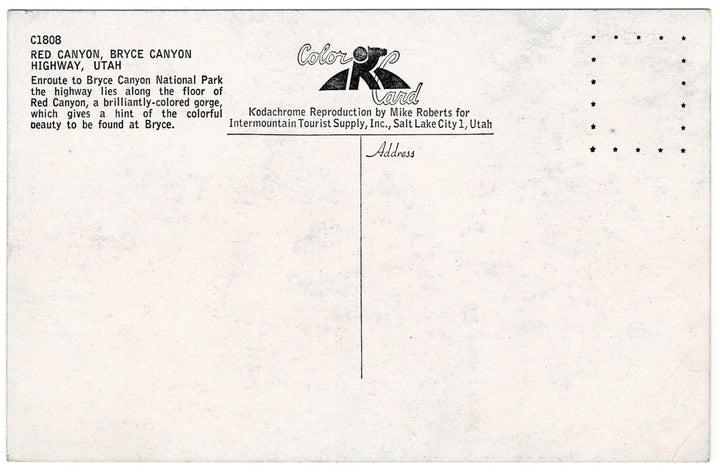 Red Canyon Highway Bryce Canyon Utah Vintage Postcard, back.