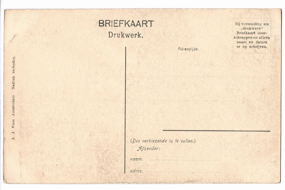 Back of an old Dutch postcard with text and a line for writing on it.