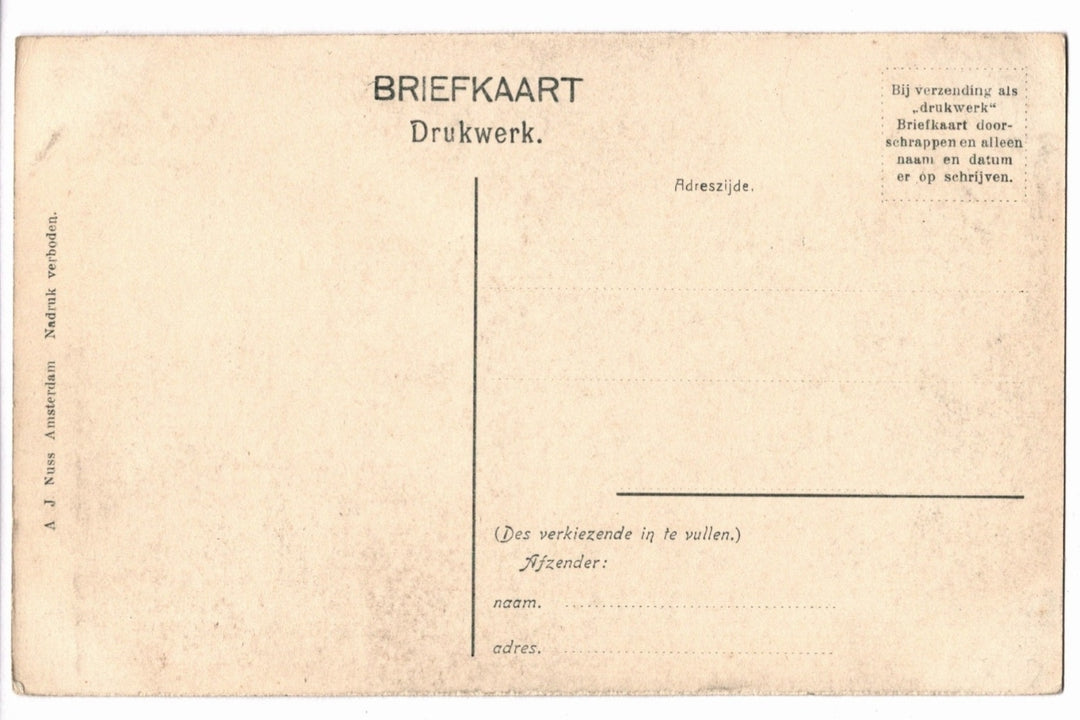 Back of an old Dutch postcard with text and a line for writing on it.