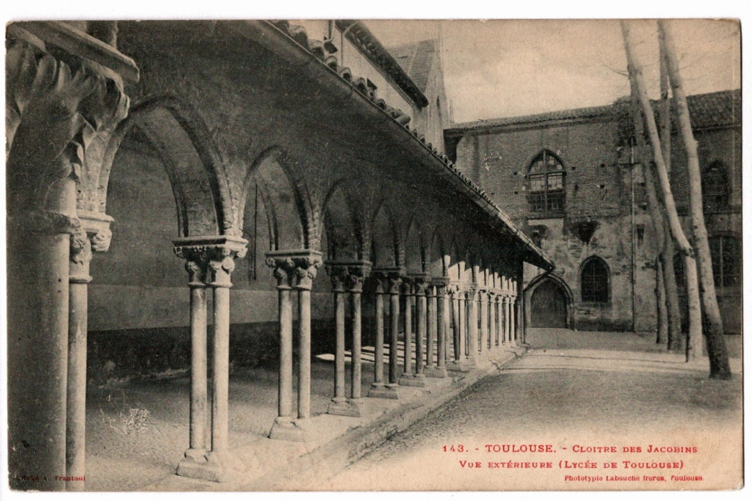 Vintage postcard of a cloister with stone columns in Toulouse, France.