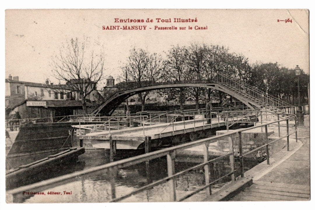 Vintage postcard of a canal scene with a bridge and buildings in the background, 1905 Saint-Mansuy Toul Canal Footbridge in France Vintage Postcard.