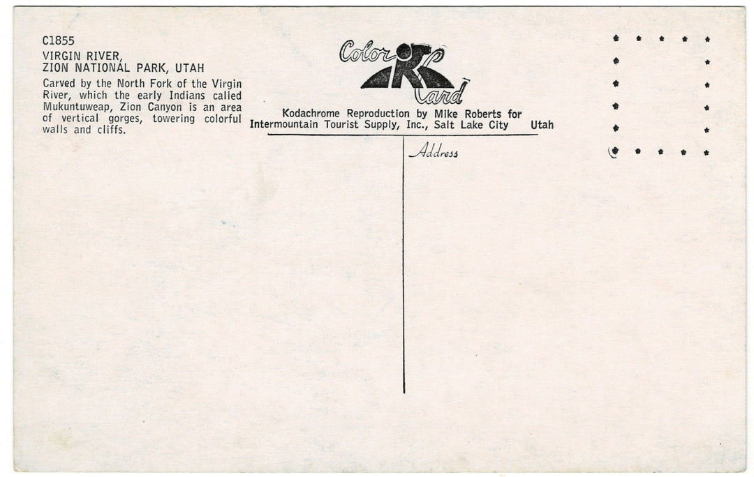 Virgin River Utah Vintage Postcard, back.