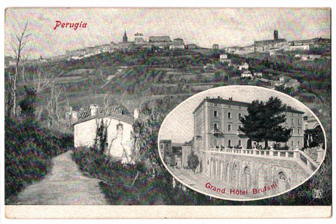 Vintage postcard of Perugia with Grand Hotel Brufani and scenic view.