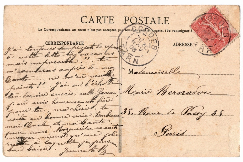 Vintage French postcard with text and stamp, circa 1900.