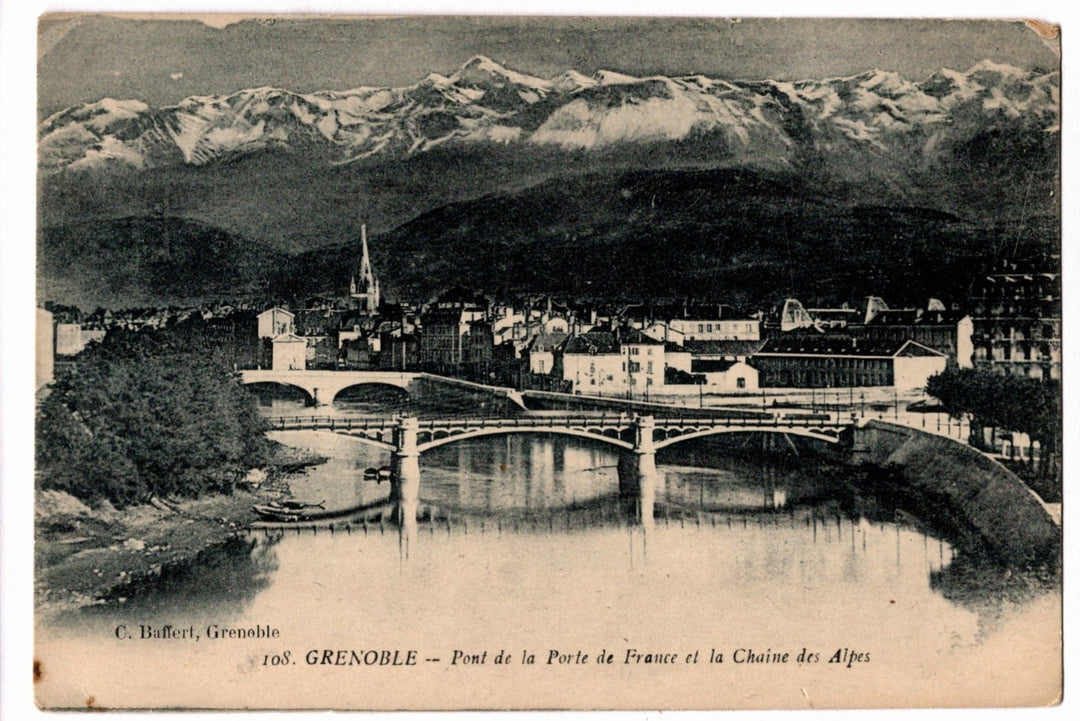 Vintage postcard of Grenoble with a bridge and mountain range; 1904 Grenoble Bridge in France Vintage Postcard.