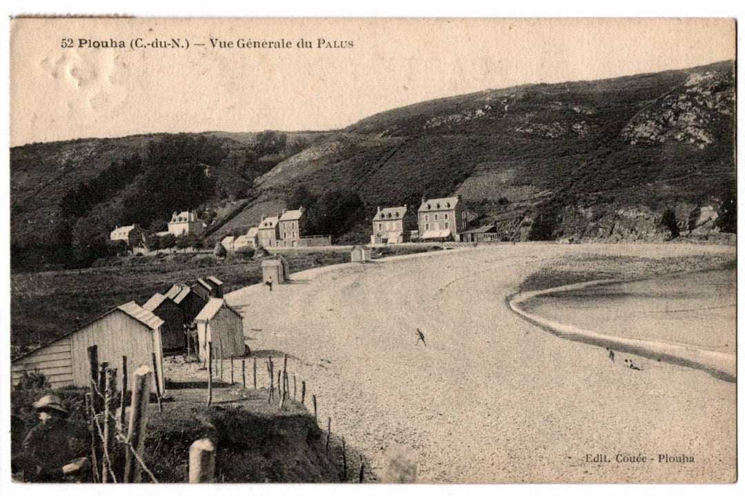Vintage postcard of a beach scene with houses and hills in the background;  1905 Palus Beach Plouha France Vintage Postcard.