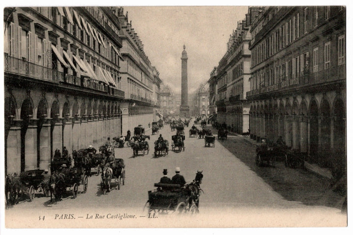 Vintage postcard of a street scene in Paris with horse-drawn carriages and a monument in the distance; 1905 Rue de Castiglione Paris France Vintage Postcard.