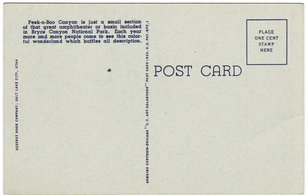 1930s Peek-a-boo Canyon, Vintage Postcard Bryce Canyon Utah, back.
