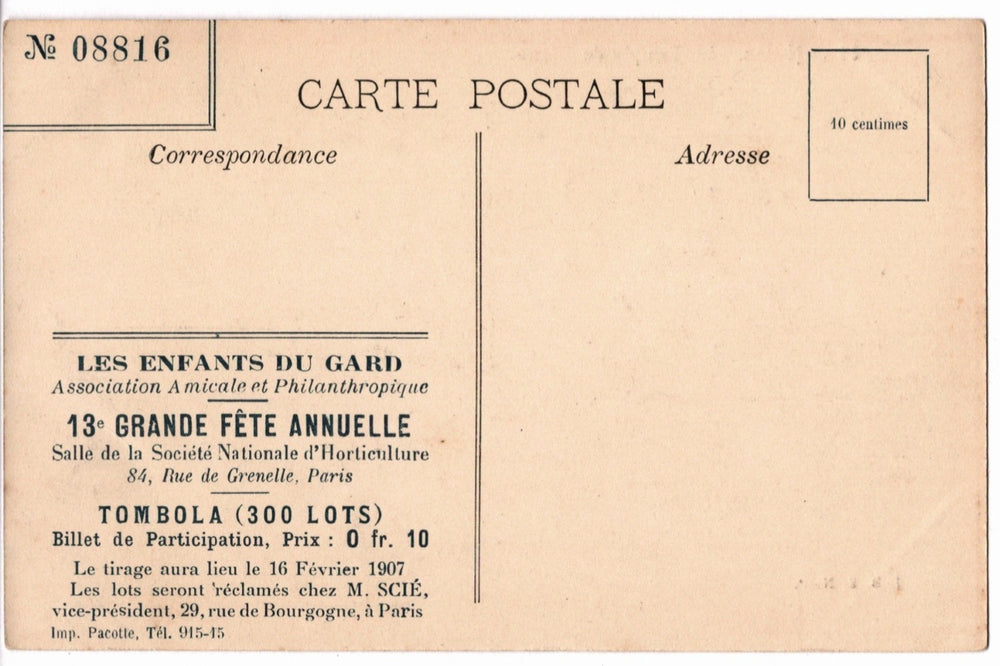 Vintage French postcard with text about an event for 'Les Enfants du Gard' association.