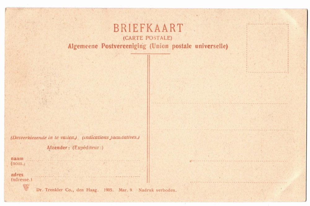 Back of a vintage postcard with text and address lines.