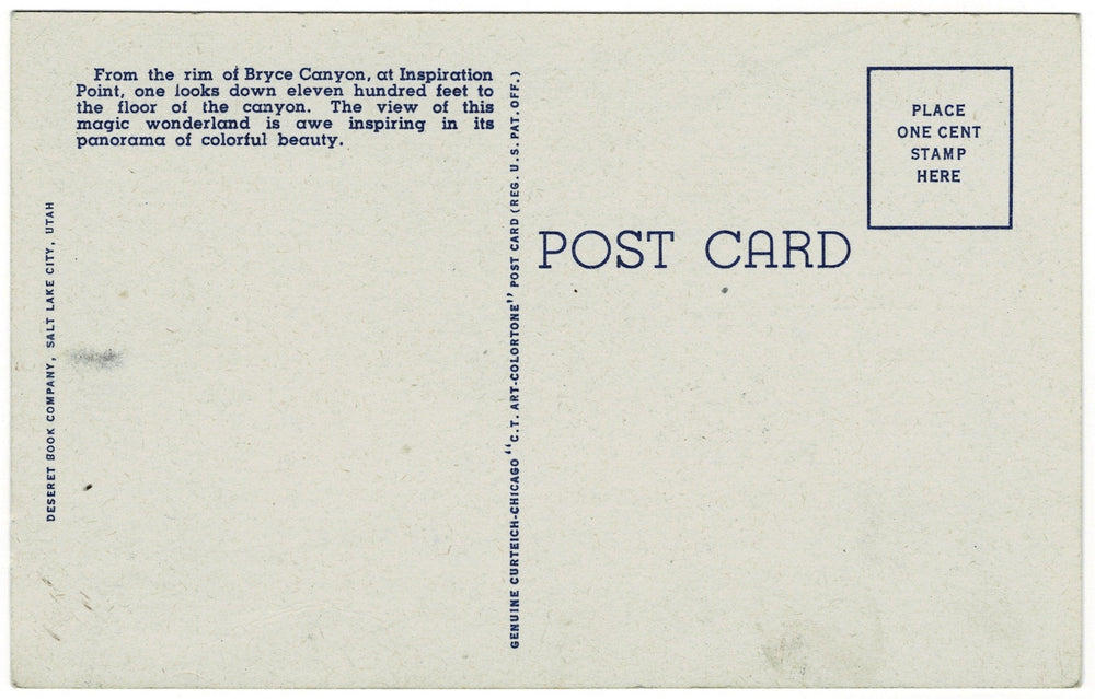 1930s Inspiration Point View of Bryce Utah Vintage Postcard, back.
