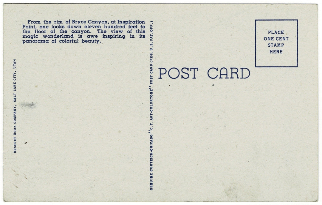 1930s Inspiration Point View of Bryce Utah Vintage Postcard, back.