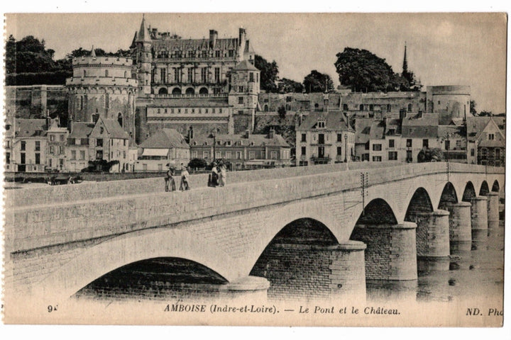 Royal Chateau d'Amboise and Loire River Bridge France Vintage Postcard.