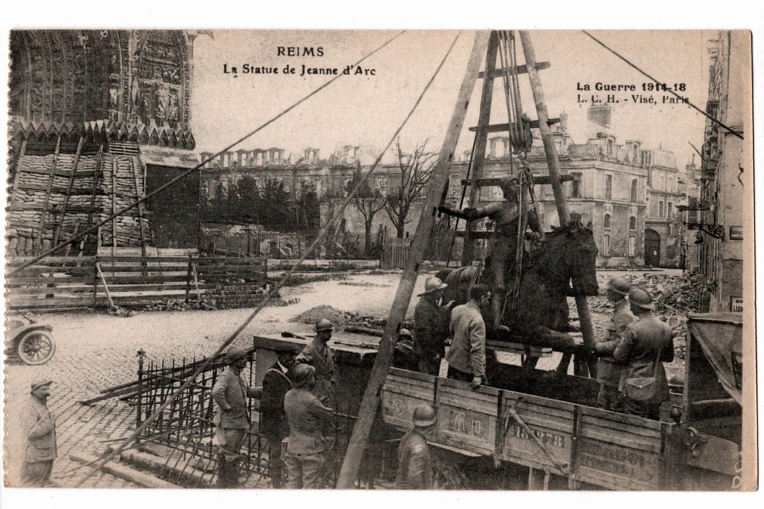 Historical postcard showing the removal of Joan of Arc's statue in Reims, France, during World War I.