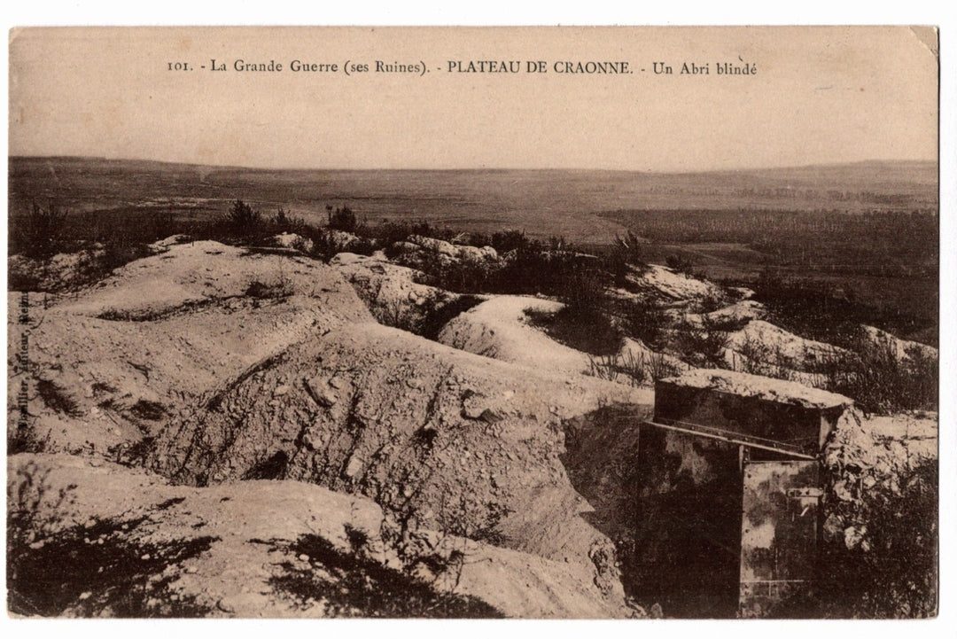Worn and aged photograph of a plateau with trenches and an abri blindé, WWI Armored Bunker Plateau de Craonne France Vintage Postcard.