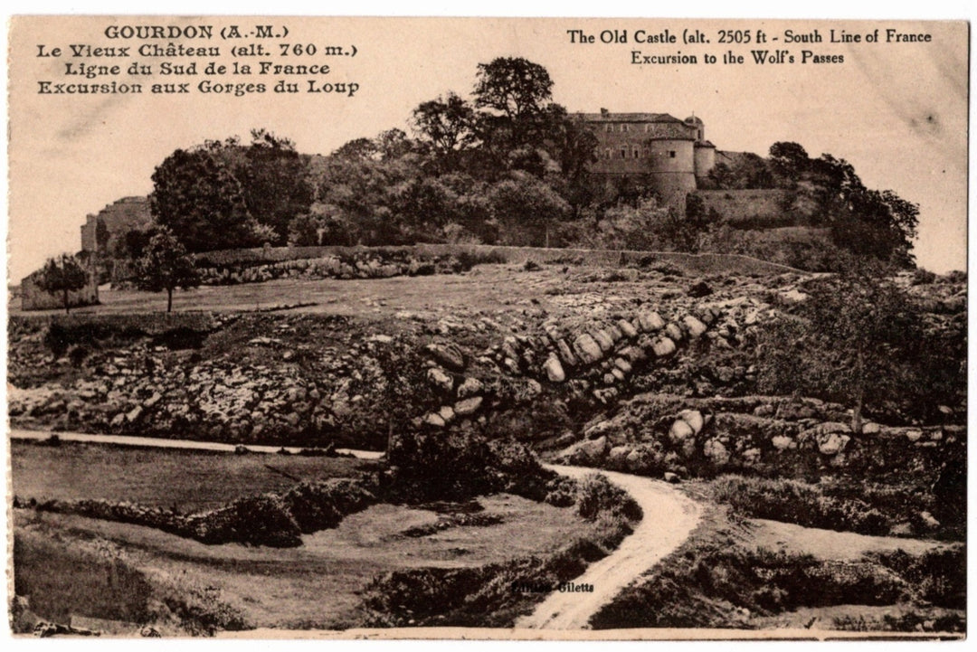 Old Castle and Wolf's Passes Gourdon France Vintage Postcard.