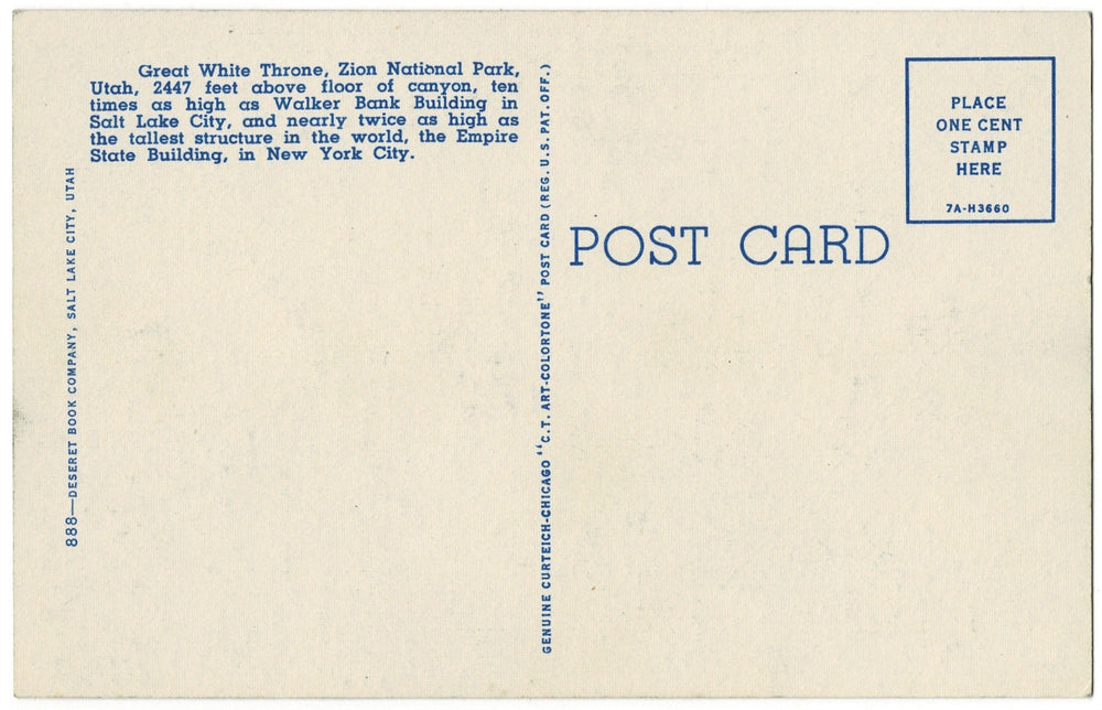 1930s Great White Throne Poem Utah Vintage Postcard, back.