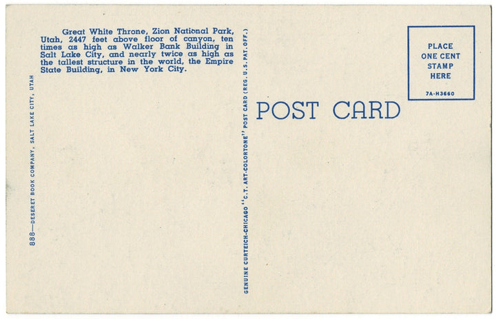 1930s Great White Throne Poem Utah Vintage Postcard, back.