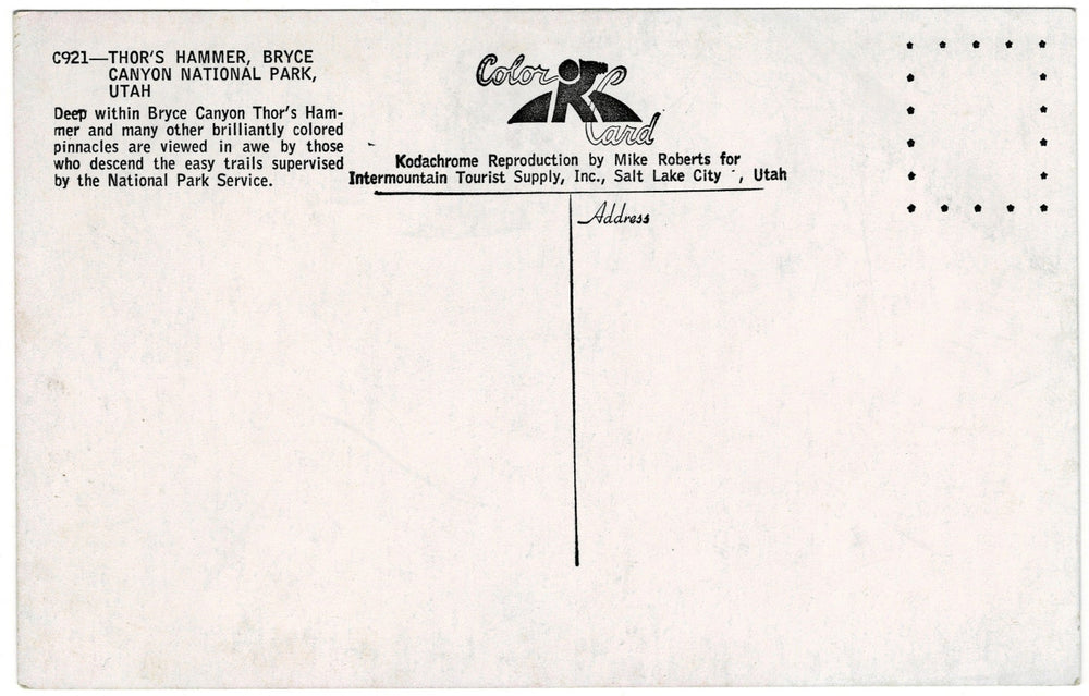 1950s Thor's Hammer Hoodoo in Bryce Canyon Utah Vintage Postcard, back.