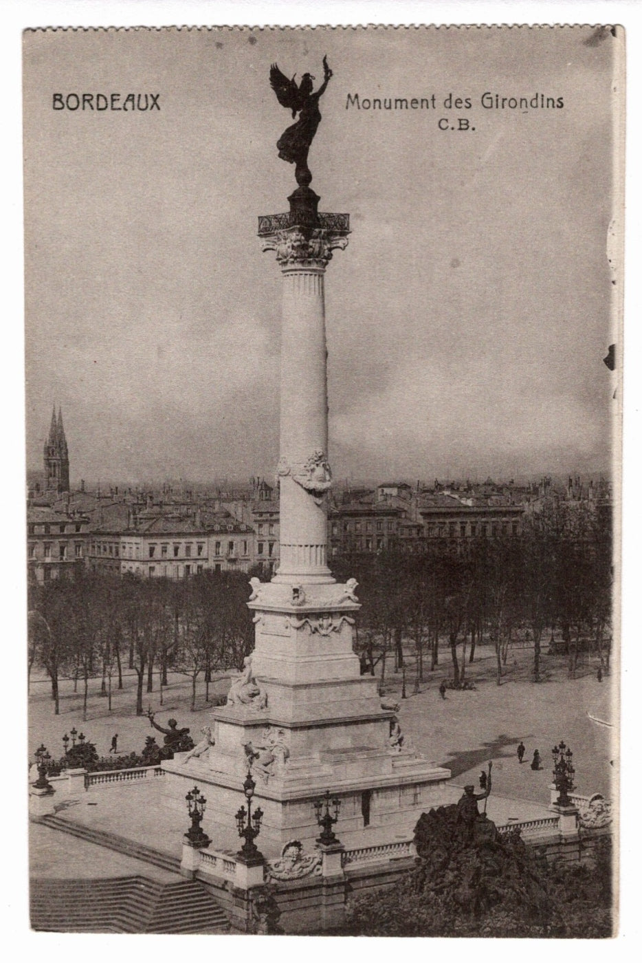 Vintage postcard of the Monument des Girondins in Bordeaux, featuring a statue on a column.