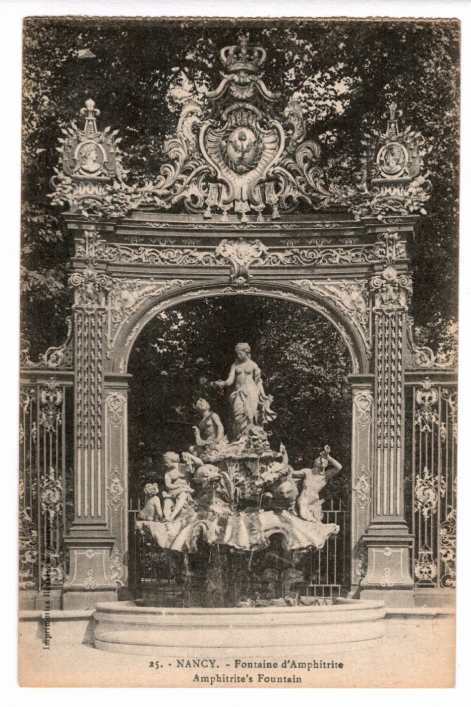 1905 Amphitrite Fountain and Rococo Gates Nancy France Vintage Postcard.