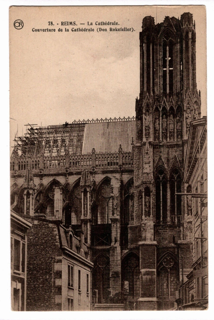 1927 Reims Cathedral Reconstruction Don Rockefeller Vintage Postcard.
